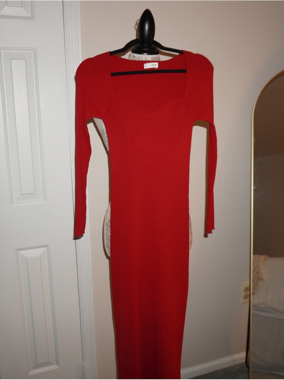 Mango Red Ribbed Long Sleeve Maxi Dress